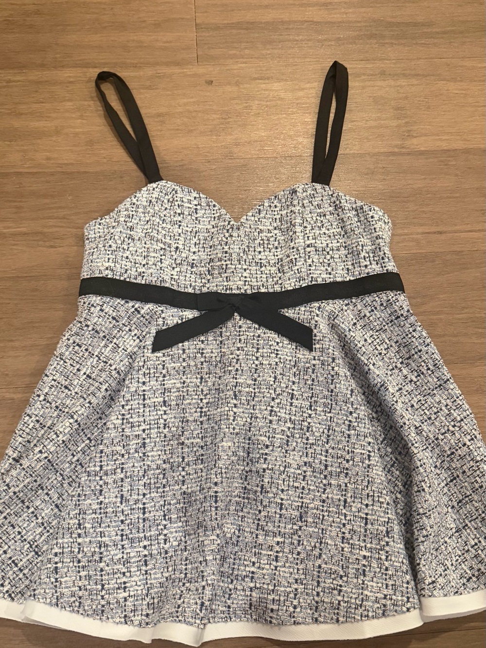 Zara Blue and White Tweed Mini Dress with Black Straps